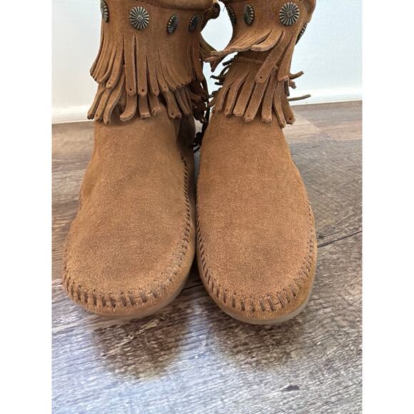 MinneTonka brown suede double fringe side zip boots EUC Sz 10 - Picture 8 of 10